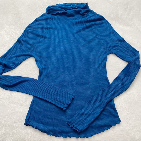 Free People Blue Lettuce Edge Waffle Knit High Neck Top - Picture 9 of 10